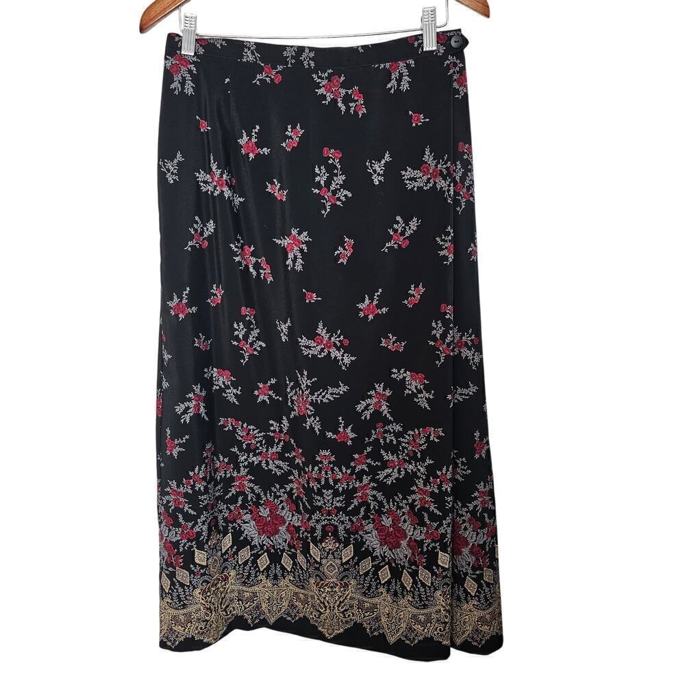 Vintage 90s Designs Lane Bryant Skirt Womens Size 14/16 Black Floral Wrap Midi